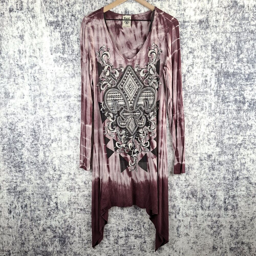 VOCAL USA Tunic Top Womens Size XL Long Sleeve Fleur Rhinestone Y2K 2000s Biker